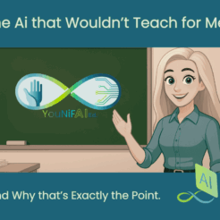 Digital illustration of a teacher confidently collaborating with AI in a creative workspace, symbolizing human-centered learning
