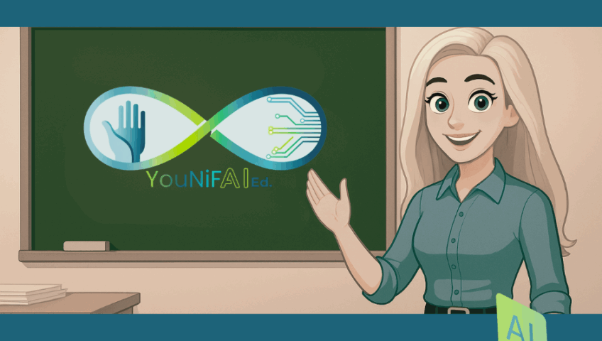 Digital illustration of a teacher confidently collaborating with AI in a creative workspace, symbolizing human-centered learning