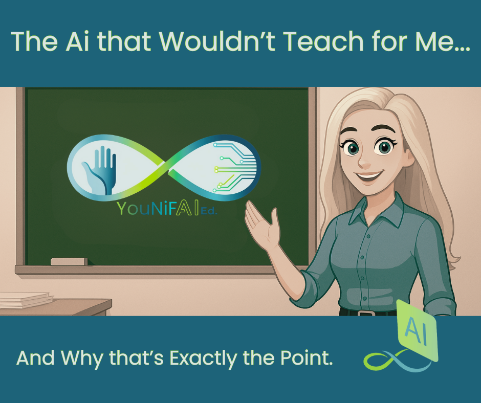 Digital illustration of a teacher confidently collaborating with AI in a creative workspace, symbolizing human-centered learning