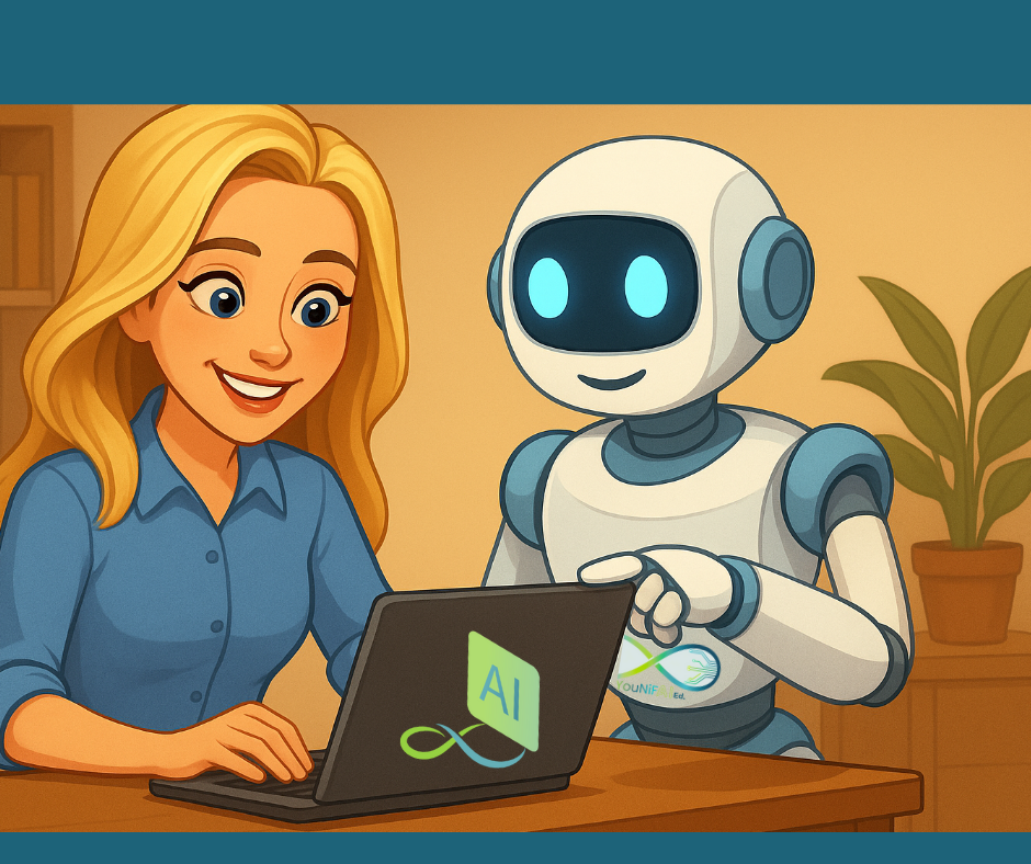 A teacher and AI robot stand at a whiteboard covered in mind-map webs, collaborating on course design.