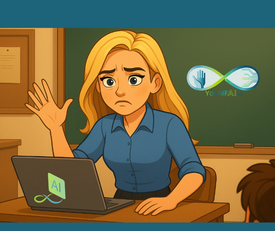 A frustrated teacher sits at a cluttered desk, arms crossed, side-eyeing an AI robot offering help on a computer screen.
