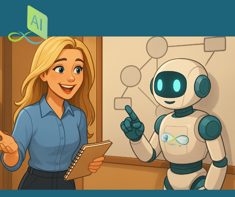 A smiling teacher looks confidently toward the viewer while her AI assistant hovers behind, both surrounded by student work and glowing digital progress bars.